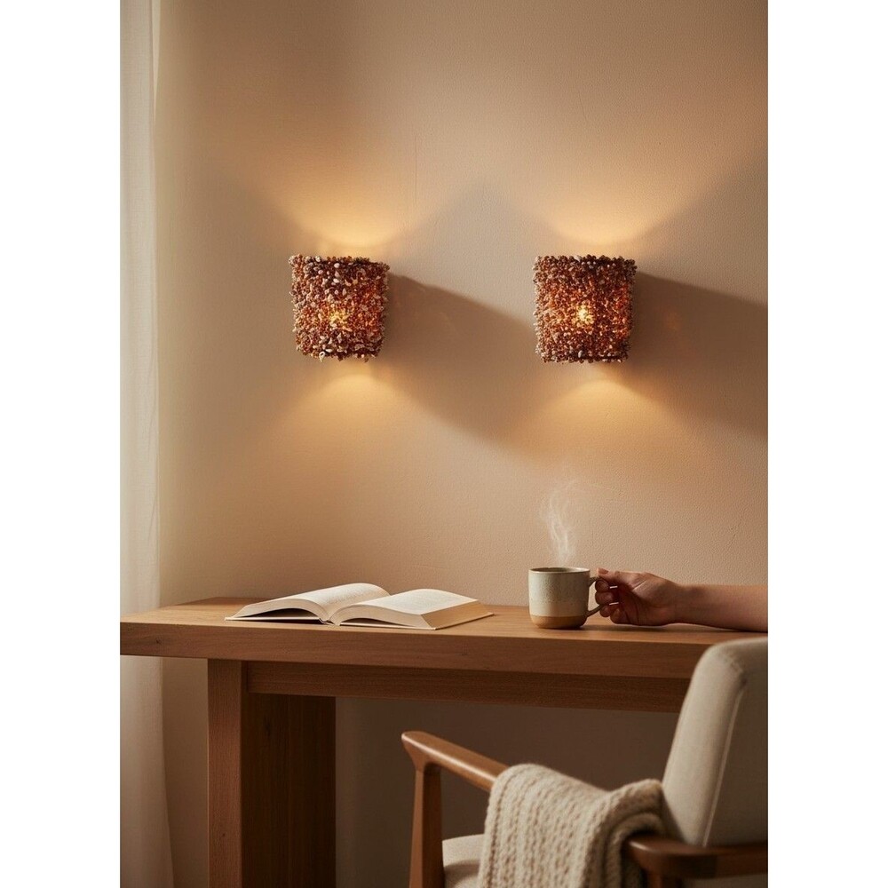 Amber Glass Bead Seashell Vintage Candle Wall Sconce Set     55